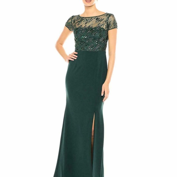 Adrianna Papell Short Sleeve Beaded Bodice Long